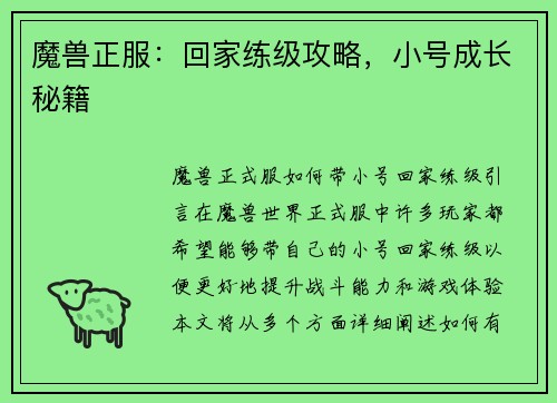 魔兽正服：回家练级攻略，小号成长秘籍